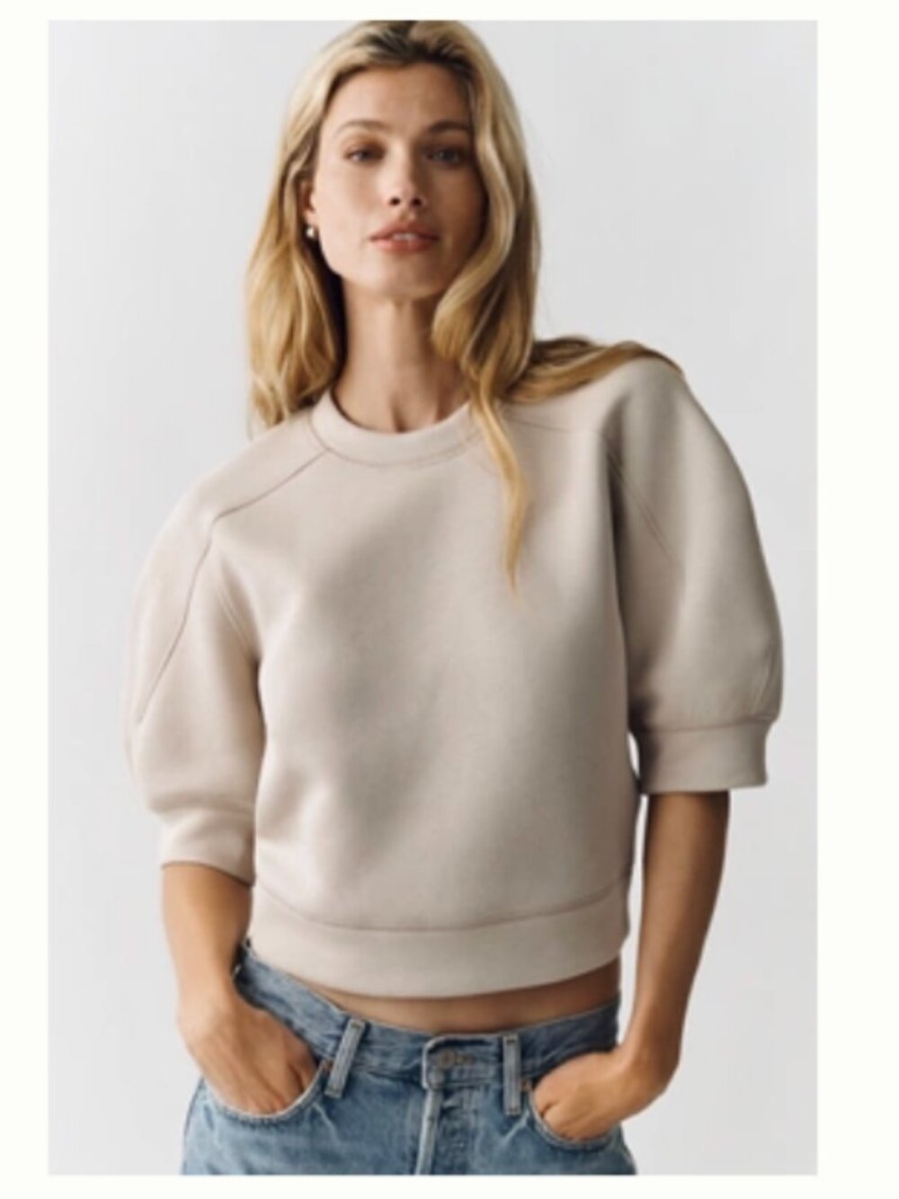 Anthropologie Daily Practice Short-Sleeve Bubble Sweatshirt Tan XXS